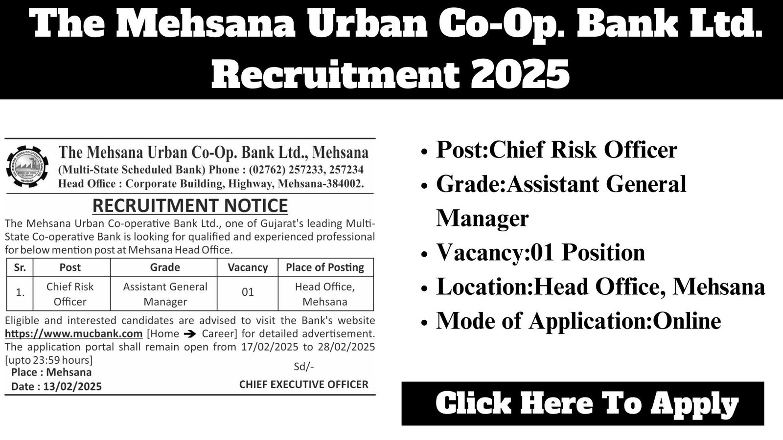 The Mehsana Urban Co-Op. Bank Ltd. Recruitment 2025