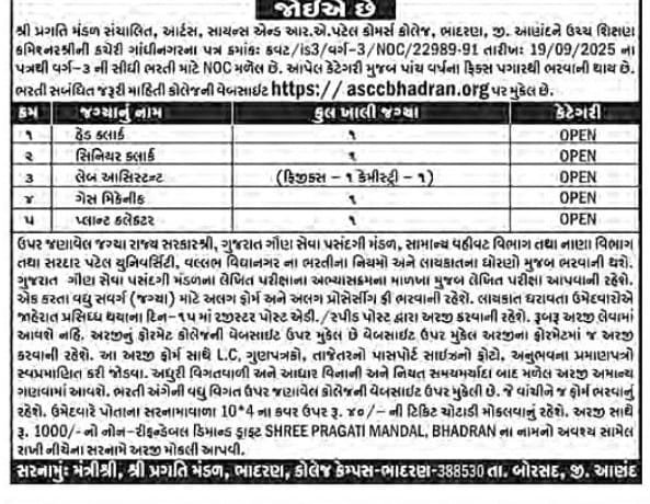 Sardar Patel College Bhadran Recruitment 2025